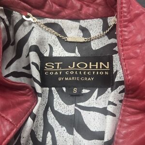 St. John Red Leather Jacket with Gold Chain Accent